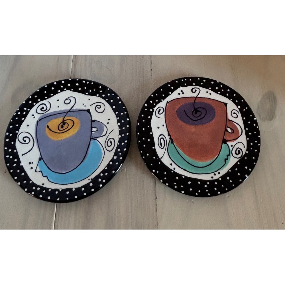 Joanne deLomba for Lotus Whimsical Coffee Cup Salad Plates Set of 2 Black 8 Inch